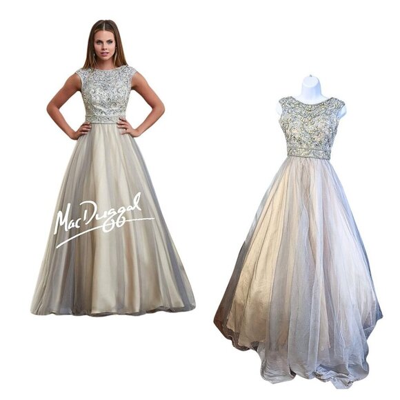 MAC DUGGAL Platinum Nude Rhinestone Illusion Bodice Chiffon Gown 82369H Size 4